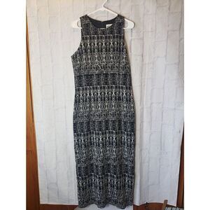 VINTAGE 80s JBS Embroidered Sleeveless Column Maxi Dress 12 Black & White